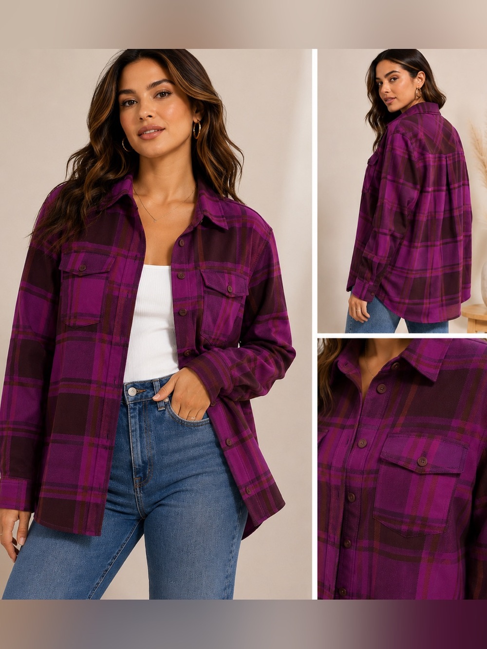NWT Good American Pop Thistle Large Plaid Shirt Purple Size Medium
